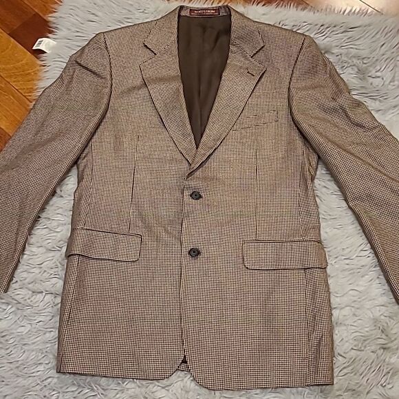 Nordstrom mens silk and wool blend mens tan and‎ black button front blazer - Picture 2 of 7